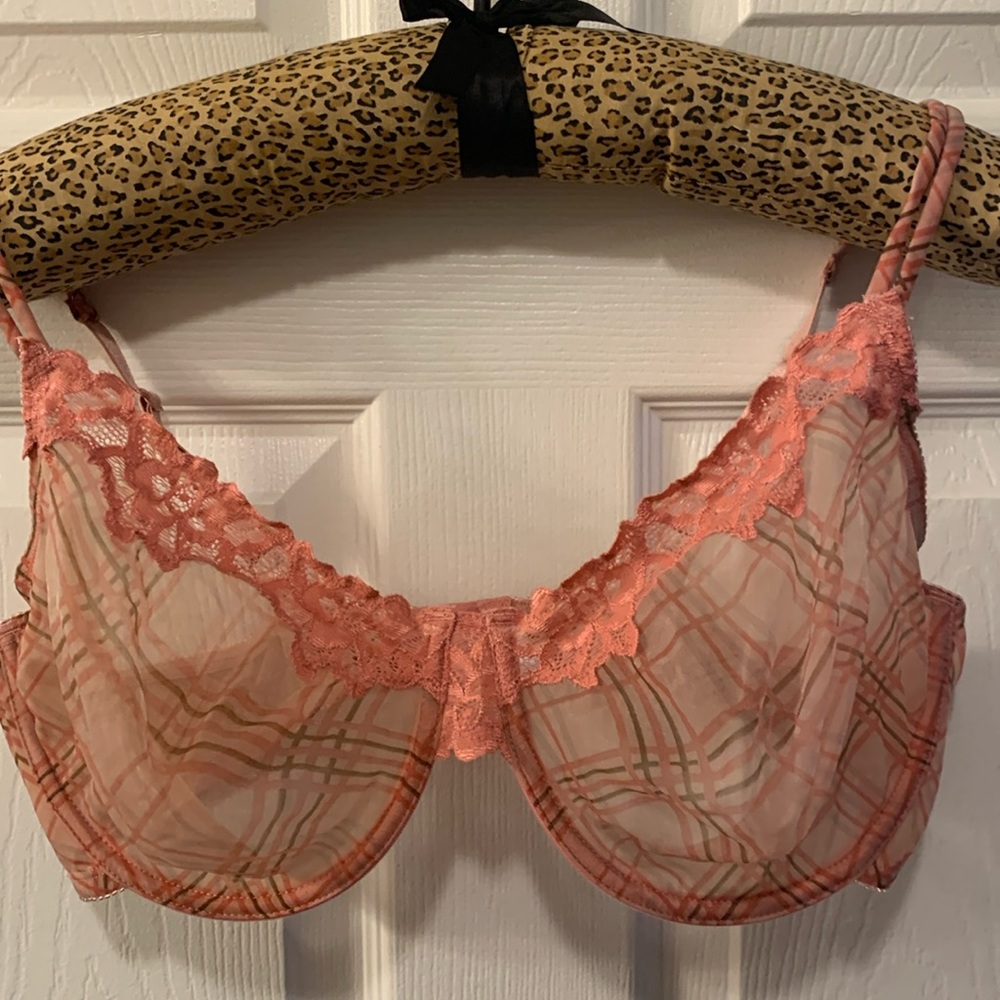VINTAGE BRA GILLIGAN O’MALLEY SHEER SOFT CORAL PLAID UNDERWIRE LACE NWOT SZ 40DD